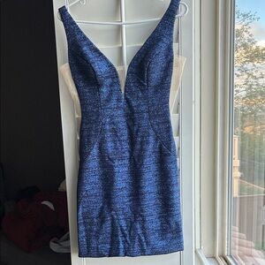 Jovani Navy Sparkle Deep V Bodycon Mini Dress